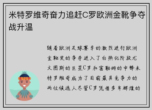 米特罗维奇奋力追赶C罗欧洲金靴争夺战升温